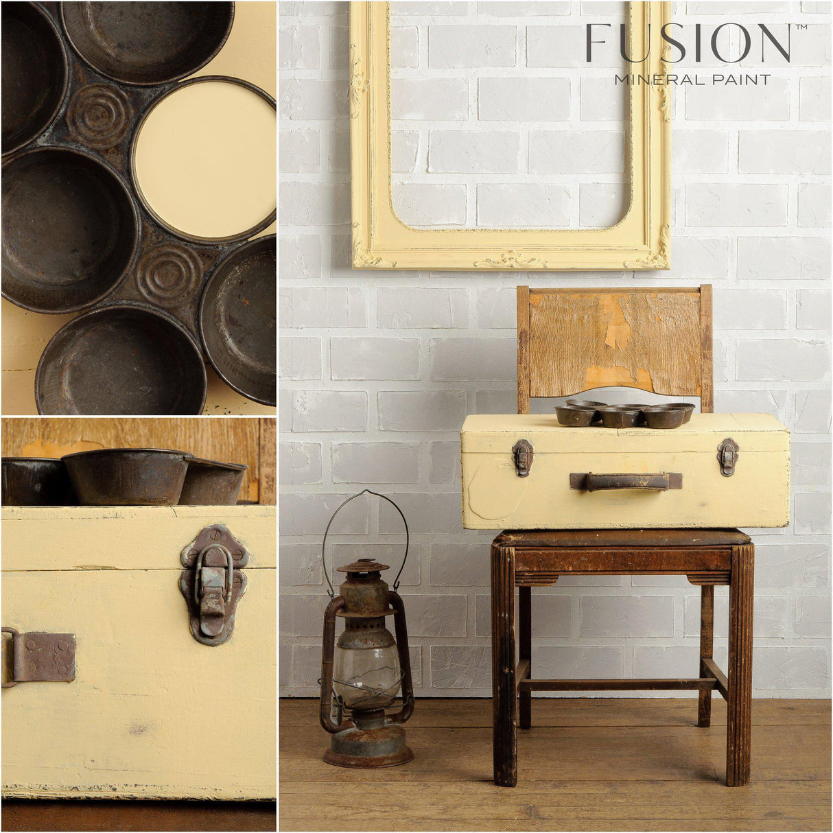 Suitcase painted in Buttermilk Cream Fusion Mineral Paint on chair; muffin tin, lantern, and frame nearby.