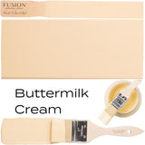 Fusion Mineral Paint Buttermilk Cream (Seasonal) displayed with brush, paint swatch, and open jar.