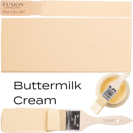 Fusion Mineral Paint Buttermilk Cream (Seasonal) displayed with brush, paint swatch, and open jar.