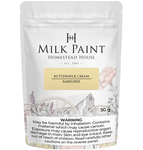 Homestead House Buttermilk Cream Milk Paint pouch with floral art, safety info, and 50g net weight.