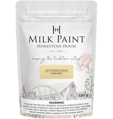 330g Homestead House Buttermilk Cream Milk Paint bag with floral and wagon wheel packaging design.