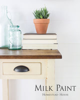 Buttermilk Cream Milk Paint by Homestead House on a vintage table with potted plant, glass bottles, and books.