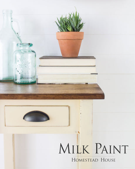 Buttermilk Cream Milk Paint by Homestead House on a vintage table with potted plant, glass bottles, and books.