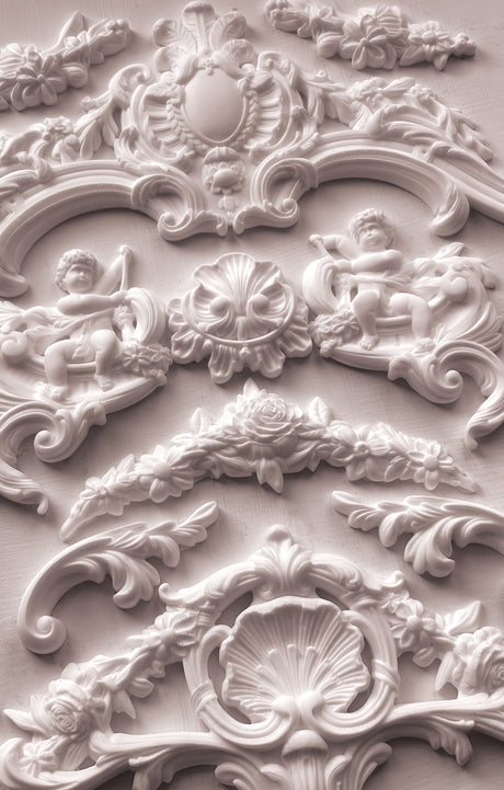 Cadré Mould by IOD featuring ornate cherubs, floral motifs, and baroque frames design elements.