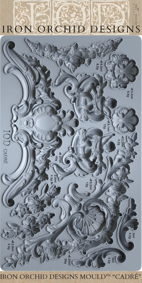 Cadré Mould by IOD—silicone mould featuring ornate baroque frames, flowers, and scrolls by Iron Orchid Designs.