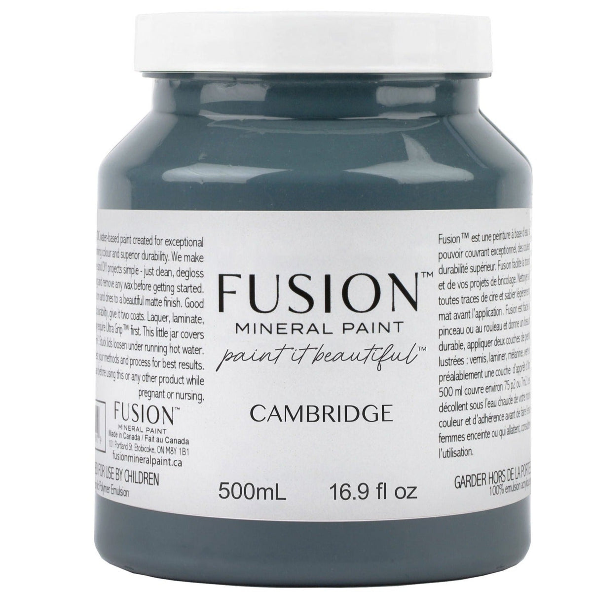 500 mL jar of Fusion Mineral Paint in Cambridge, gray-blue color with a white label.