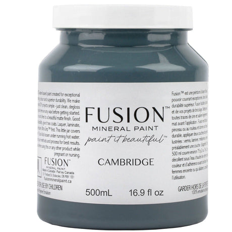 500 mL jar of Fusion Mineral Paint in Cambridge, gray-blue color with a white label.