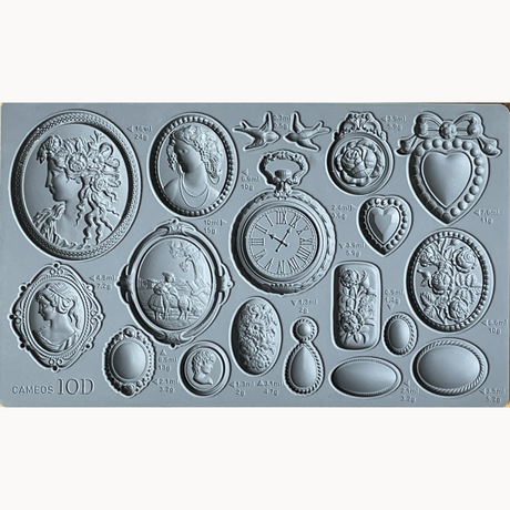 IOD Silicone Cameos Mould with cameo, oval, heart, and clock face shapes for use with IOD Air Dry Clay.
