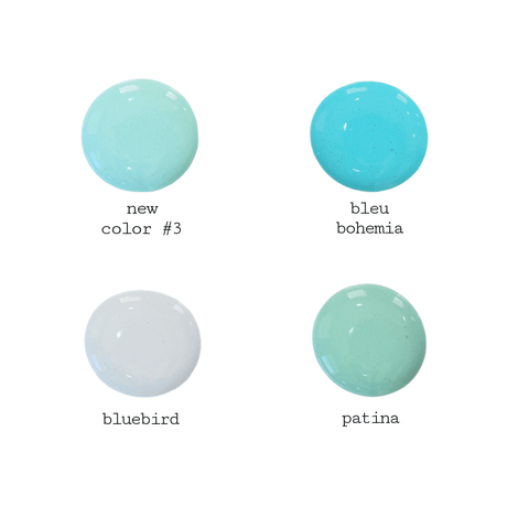 Four round swatches: Old Fashioned Milk Paint Capri, Bleu Bohemia, Bluebird, and Patina on white.