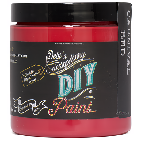 Carnival Red DIY Paint by DIY Paint Co. in a jar with a colorful label, clay and chalk paint formula.