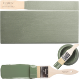 Carriage House Fusion Mineral Paint brush on lid, with green paint swatches above and below.