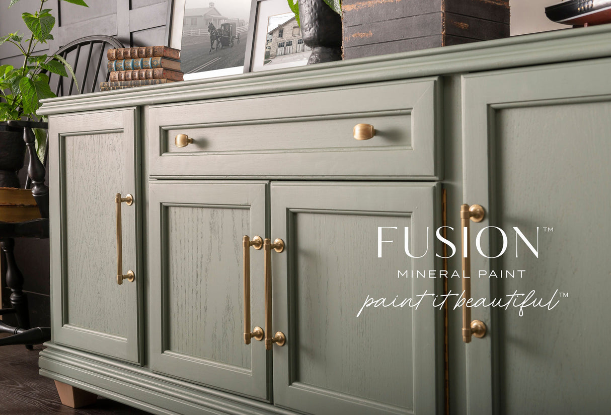Carriage House Fusion Mineral Paint sideboard with gold handles and Fusion Mineral Paint branding.