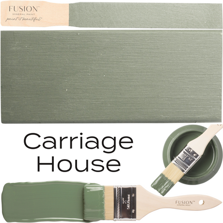 Carriage House Fusion Mineral Paint container with brushes, displayed on wood.