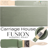 Carriage House Fusion Mineral Paint label, swatch, brush, and painted sample in muted green.