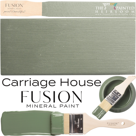Carriage House Fusion Mineral Paint label, swatch, brush, and painted sample in muted green.
