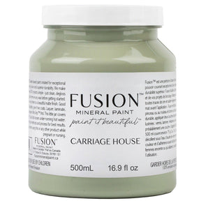 500mL jar of Carriage House Fusion Mineral Paint with a green label showing paint details.