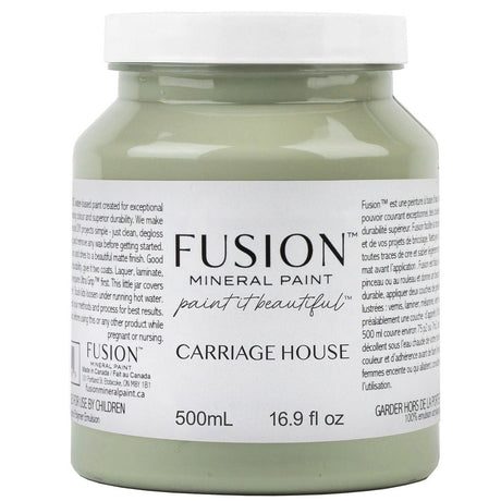 500mL jar of Carriage House Fusion Mineral Paint with a green label showing paint details.