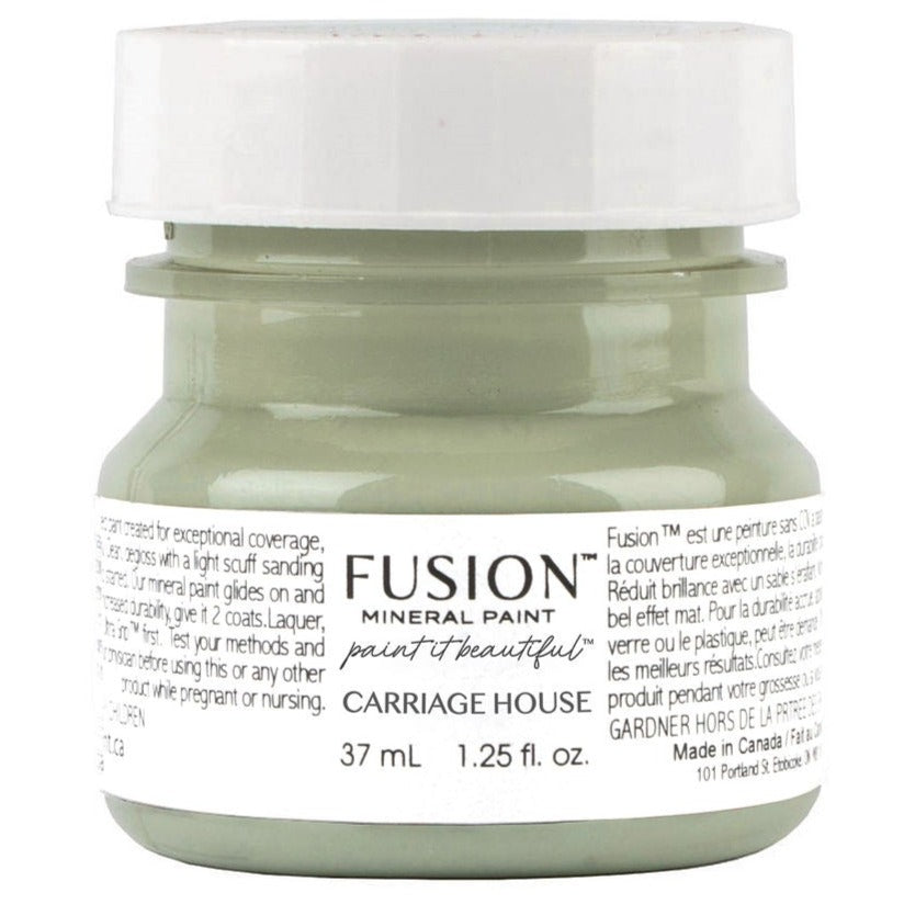 37 mL Fusion Mineral Paint Carriage House, green acrylic paint with a white label.