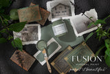 Carriage House Fusion Mineral Paint jar with brush, leaves, vintage photos, and books displaying Fusion branding.