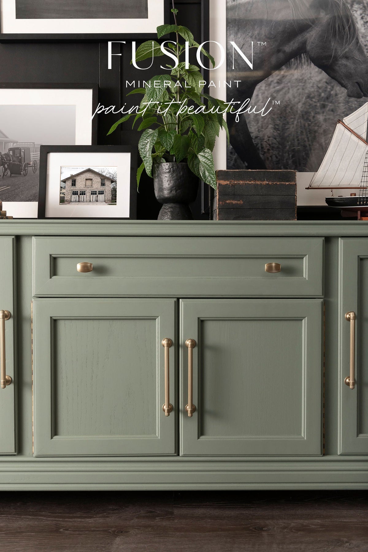 Carriage House Fusion Mineral Paint sideboard with gold knobs, vintage decor; Fusion Mineral Paint logo above.