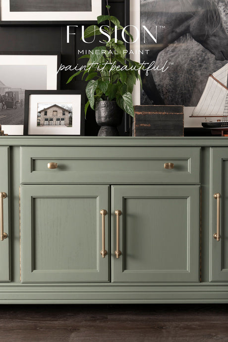 Carriage House Fusion Mineral Paint sideboard with gold knobs, vintage decor; Fusion Mineral Paint logo above.