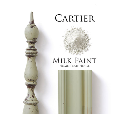 Wooden spindle and molding painted light green with Cartier Milk Paint by Homestead House nearby.
