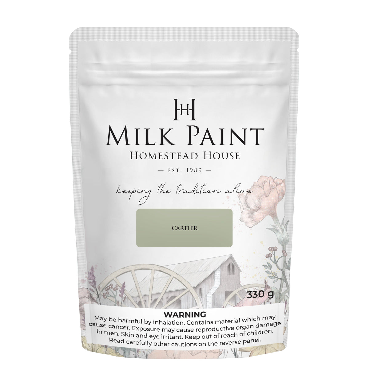 Homestead House Cartier Milk Paint 330g bag with floral and barn art on the packaging.
