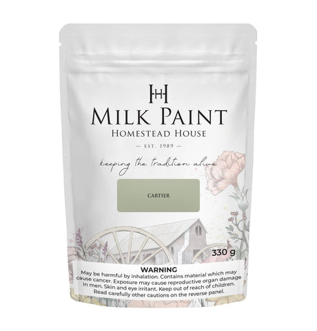 Homestead House Cartier Milk Paint 330g bag with floral and barn art on the packaging.