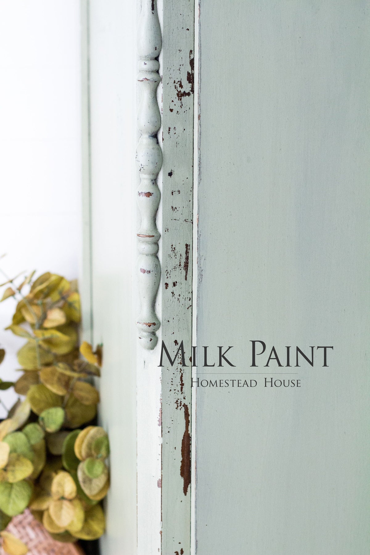 Distressed light green cabinet painted with Cartier Milk Paint by Homestead House; dried green flowers beside it.