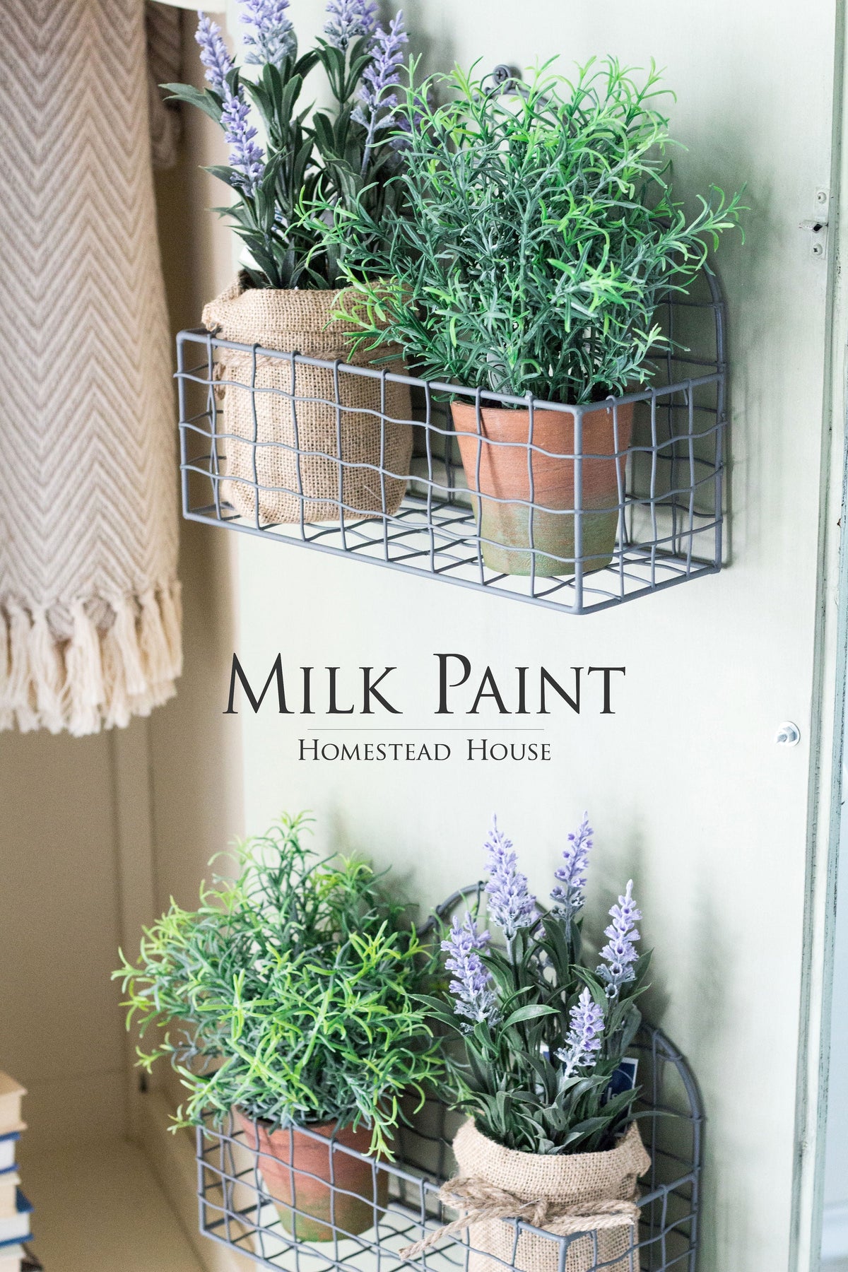 Two wire wall shelves with potted faux plants, lavender, and Homestead House Cartier Milk Paint decor accents.