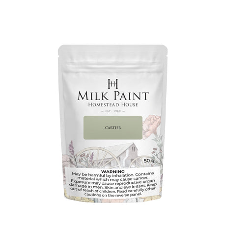 50g Homestead House Cartier Milk Paint bag with warning label and farmhouse illustration on packaging.
