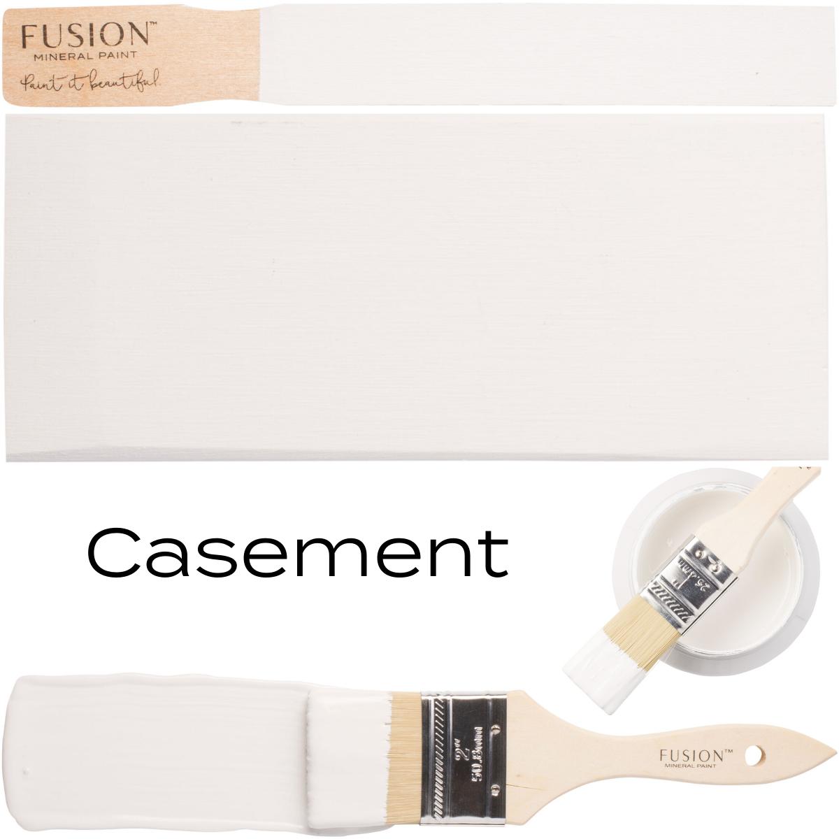 Fusion Mineral Paint Casement, warm white, shown in jar with swatch and brush display.