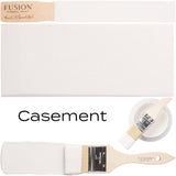 Fusion Mineral Paint Casement, warm white, shown in jar with swatch and brush display.