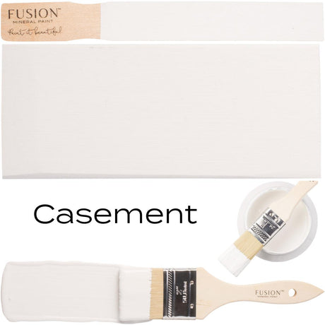 Fusion Mineral Paint Casement, warm white, shown in jar with swatch and brush display.