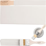 Fusion Mineral Paint Cashmere swatch, matte finish, with brushes displaying white paint.