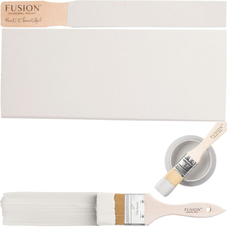 Fusion Mineral Paint Cashmere swatch, matte finish, with brushes displaying white paint.