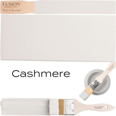 Cashmere Fusion Mineral Paint can, painted sample, paintbrush, and “Cashmere” in black text.