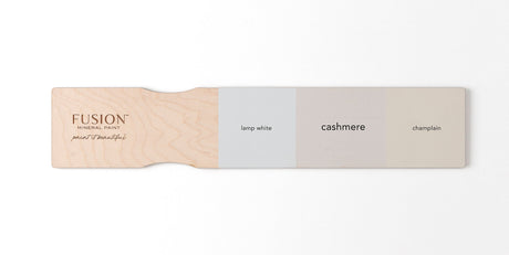 Fusion Mineral Paint swatch paddle with Lamp White, Cashmere, and Champlain matte finish color samples.