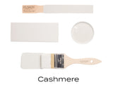 Cashmere Fusion Mineral Paint matte swatch, brush, and sample on white background.