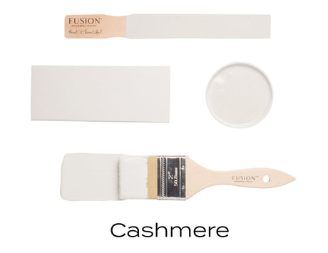 Cashmere Fusion Mineral Paint matte swatch, brush, and sample on white background.