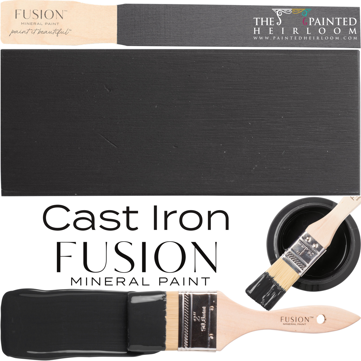 Paintbrushes, DIY acrylics, Fusion Mineral Paint Cast Iron sample, and Fusion logo grouped together.