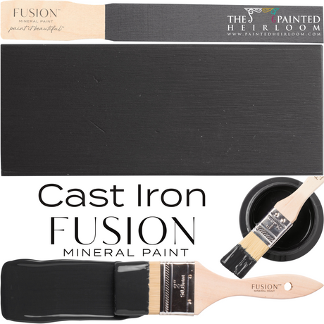 Paintbrushes, DIY acrylics, Fusion Mineral Paint Cast Iron sample, and Fusion logo grouped together.