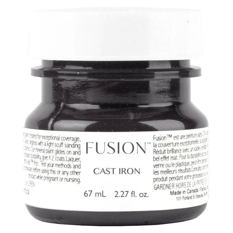 67 mL Fusion Mineral Paint, Cast Iron (off-black), in a jar with white label and black lid.