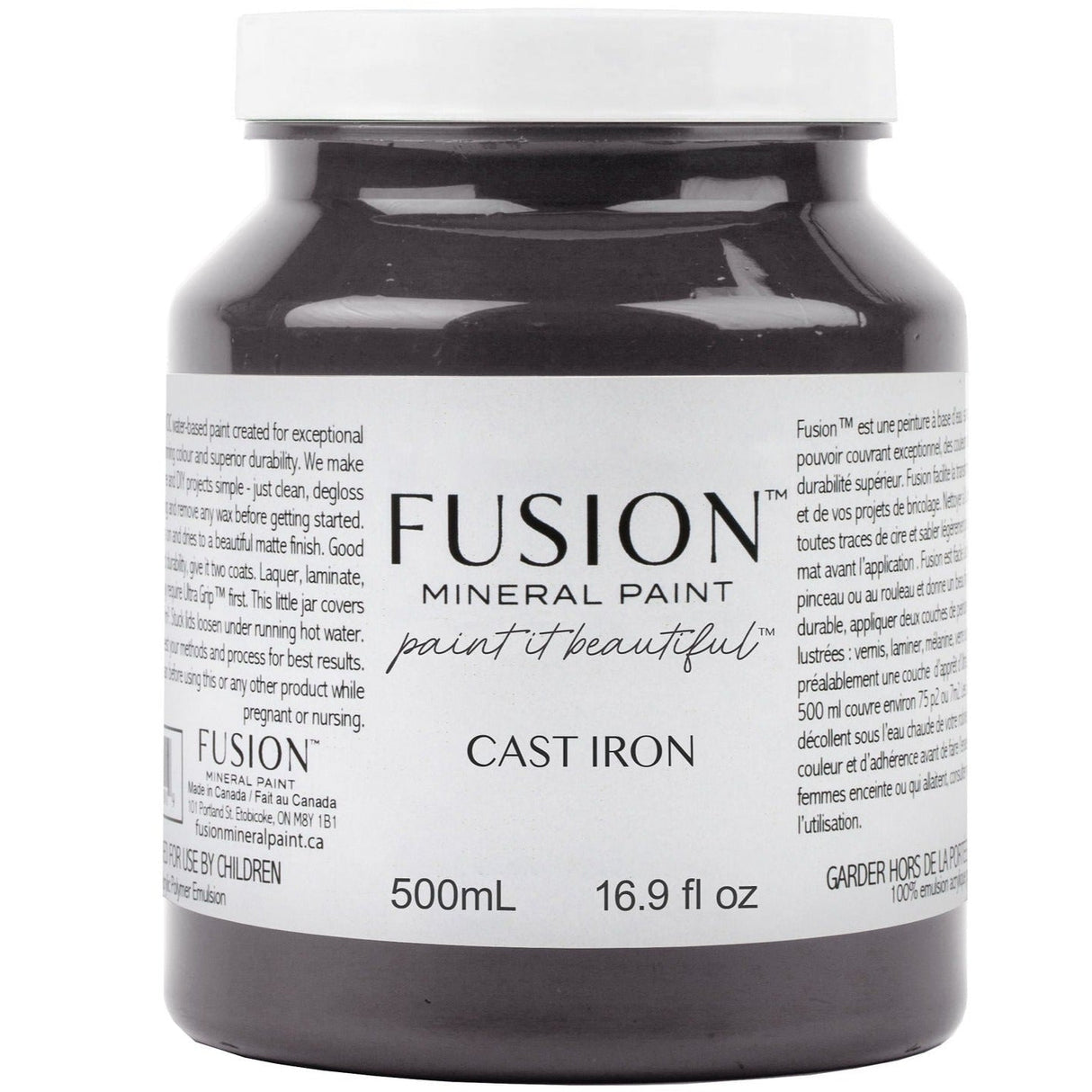 Fusion Mineral Paint Cast Iron, 500mL jar with label details visible.