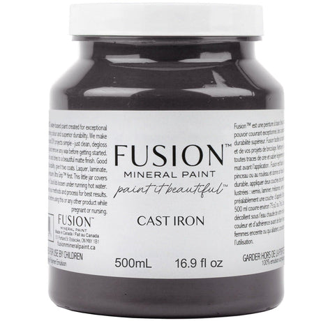 Fusion Mineral Paint Cast Iron, 500mL jar with label details visible.