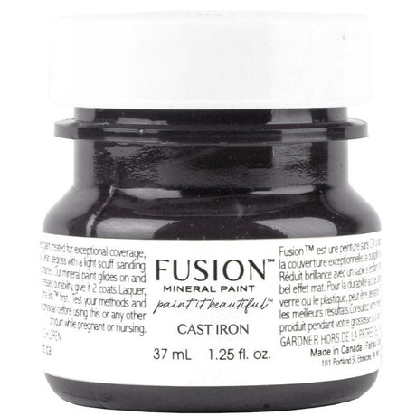 37 mL jar of Fusion Mineral Paint in Cast Iron, black lid, white label, by Fusion Mineral Paint.