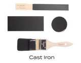 Cast Iron Fusion Mineral Paint in off-black with paint samples and brushes.