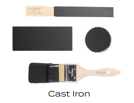 Cast Iron Fusion Mineral Paint in off-black with paint samples and brushes.