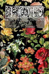 Catharina Transfer by IOD with vintage floral and bird motifs on black background; brand: Iron Orchid Designs.