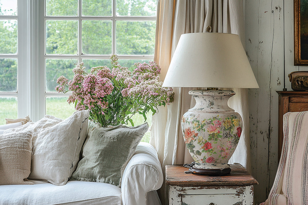 Floral lamp on rustic table with I.O.D. Catharina Transfer beside white sofa and pink flowers.